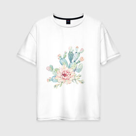 Женская футболка хлопок Oversize с принтом цветущий кактус акварель в Екатеринбурге, 100% хлопок | свободный крой, круглый ворот, спущенный рукав, длина до линии бедер
 | акварель | акварельный | весна | кактус | мило | природа | растение | рисунок | суккулент | цветение | цветок | цветущий
