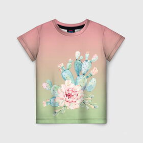 Детская футболка 3D с принтом суккулент градиент в Екатеринбурге, 100% гипоаллергенный полиэфир | прямой крой, круглый вырез горловины, длина до линии бедер, чуть спущенное плечо, ткань немного тянется | Тематика изображения на принте: акварель | акварельный | весна | кактус | мило | природа | растение | рисунок | суккулент | сукулент | цветение | цветок | цветущий | цветы