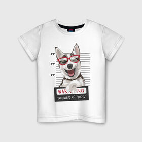 Детская футболка хлопок с принтом Задержанный хаски в Екатеринбурге, 100% хлопок | круглый вырез горловины, полуприлегающий силуэт, длина до линии бедер | очки | преступник | собака | улыбака | улыбка | хаски | хипстер