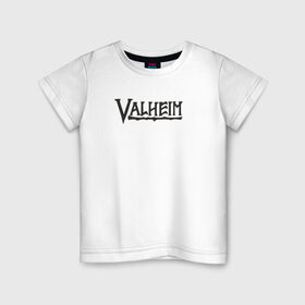 Детская футболка хлопок с принтом Valheim logo в Екатеринбурге, 100% хлопок | круглый вырез горловины, полуприлегающий силуэт, длина до линии бедер | Тематика изображения на принте: valheim | valheim логотип | вальхейм | выживание | игра | игры