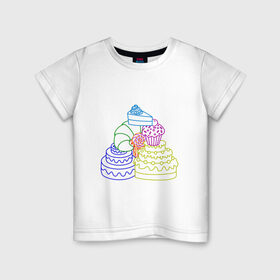 Детская футболка хлопок с принтом Пищевая пирамида (сладкая) в Екатеринбурге, 100% хлопок | круглый вырез горловины, полуприлегающий силуэт, длина до линии бедер | вкуснятина | глазурь | кекс | круассан | кусок торта | кусочек торта | леденец | лолипоп | маффин | пирамида | пищевая | сладкая | торт | тортик