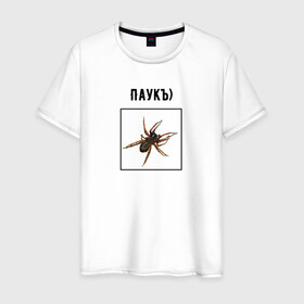 Мужская футболка хлопок с принтом Паукъ в Екатеринбурге, 100% хлопок | прямой крой, круглый вырез горловины, длина до линии бедер, слегка спущенное плечо. | абстракция | бред | жак фреско | жуки | насекомое | паук | пауки | паучок | странная надпись | тараканы | тупость