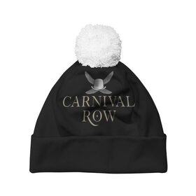 Шапка 3D c помпоном с принтом Карнивал Роу - Carnival Row в Екатеринбурге, 100% полиэстер | универсальный размер, печать по всей поверхности изделия | carnival row | волшебный | исторический | карнивал роу | крылья | лого | логотип | подарок | сериал | сказка | фея | черный | шляпа