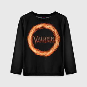 Детский лонгслив 3D с принтом Valheim - огненный круг в Екатеринбурге, 100% полиэстер | длинные рукава, круглый вырез горловины, полуприлегающий силуэт
 | valheim | вальхейм | викинги | игра | компьютерный | круг | логотип | минимализм | огненный | огонь | подарок | черный