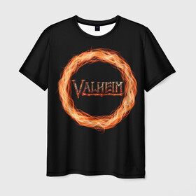 Мужская футболка 3D с принтом Valheim - огненный круг в Екатеринбурге, 100% полиэфир | прямой крой, круглый вырез горловины, длина до линии бедер | valheim | вальхейм | викинги | игра | компьютерный | круг | логотип | минимализм | огненный | огонь | подарок | черный