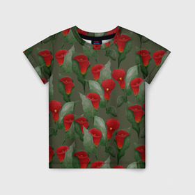 Детская футболка 3D с принтом Каллы на зеленом фоне в Екатеринбурге, 100% гипоаллергенный полиэфир | прямой крой, круглый вырез горловины, длина до линии бедер, чуть спущенное плечо, ткань немного тянется | 8 марта | flowers | march 8 | spring | ботаническая иллюстрация | весна | день рождения | зеленый | каллы | красный | лето | любовь | праздник | принт | природа | растения | цветы