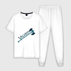 Мужская пижама хлопок с принтом Valheim тёмное лого с секирой в Екатеринбурге, 100% хлопок | брюки и футболка прямого кроя, без карманов, на брюках мягкая резинка на поясе и по низу штанин
 | p2p | pvp | valheim | валхейм | викинг | викинги | выживание | градиент | лого | песочница | сага | секира | скандинавы | сурвайвал | тёмный