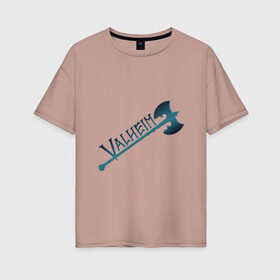 Женская футболка хлопок Oversize с принтом Valheim тёмное лого с секирой в Екатеринбурге, 100% хлопок | свободный крой, круглый ворот, спущенный рукав, длина до линии бедер
 | Тематика изображения на принте: p2p | pvp | valheim | валхейм | викинг | викинги | выживание | градиент | лого | песочница | сага | секира | скандинавы | сурвайвал | тёмный