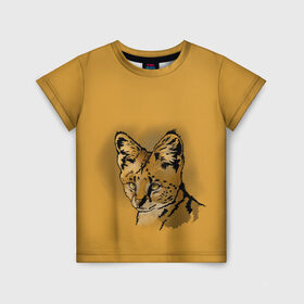 Детская футболка 3D с принтом Сервал в Екатеринбурге, 100% гипоаллергенный полиэфир | прямой крой, круглый вырез горловины, длина до линии бедер, чуть спущенное плечо, ткань немного тянется | африка | графика | дикий мир | животное | кошка | персонаж | природа | рисунок | хищник