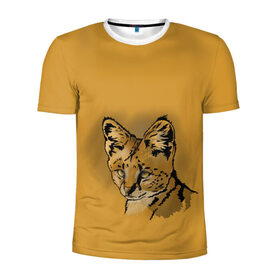 Мужская футболка 3D спортивная с принтом Сервал в Екатеринбурге, 100% полиэстер с улучшенными характеристиками | приталенный силуэт, круглая горловина, широкие плечи, сужается к линии бедра | африка | графика | дикий мир | животное | кошка | персонаж | природа | рисунок | хищник