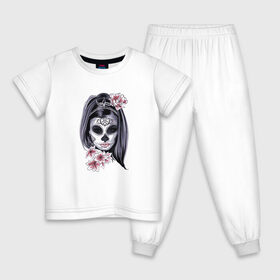 Детская пижама хлопок с принтом Skull Girl в Екатеринбурге, 100% хлопок |  брюки и футболка прямого кроя, без карманов, на брюках мягкая резинка на поясе и по низу штанин
 | art | body | bones | dead | drawing | face | graffiti | head | roses | skeleton | skul | skull | ад | арт | голова | граффити | зло | кости | лицо | металл | нарисованный | розы | рок | скелет | скул | скулл | три черепа | тьма