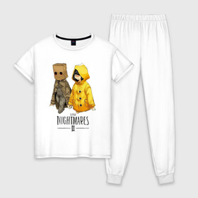 Женская пижама хлопок с принтом Little Nightmares 2 в Екатеринбурге, 100% хлопок | брюки и футболка прямого кроя, без карманов, на брюках мягкая резинка на поясе и по низу штанин | little nightmares | игра | страшилка | страшная игра | ужас | хоррор