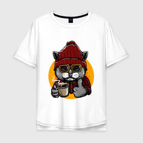 Мужская футболка хлопок Oversize с принтом Кот с кофе в Екатеринбурге, 100% хлопок | свободный крой, круглый ворот, “спинка” длиннее передней части | кот | кофе | очки | рубашка | солнце | стиль | уличный | хипстер | шапка