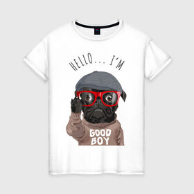 Женская футболка хлопок с принтом Хороший мальчик в Екатеринбурге, 100% хлопок | прямой крой, круглый вырез горловины, длина до линии бедер, слегка спущенное плечо | кепка | мальчик | мопс | очки | пёс | собака | хипстер | хороший