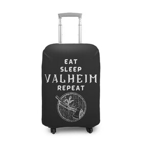 Чехол для чемодана 3D с принтом Eat Sleep Valheim Repeat в Екатеринбурге, 86% полиэфир, 14% спандекс | двустороннее нанесение принта, прорези для ручек и колес | elder | loki | odin | the | thor | valheim | биврёст | валхейм | вальхейм | викинги | всеотец | дракар | древний | древо | ётун | йотун | локи | мира | один | тор | фенир | хель | черный лес | эйктюр