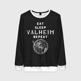 Женский свитшот 3D с принтом Eat Sleep Valheim Repeat в Екатеринбурге, 100% полиэстер с мягким внутренним слоем | круглый вырез горловины, мягкая резинка на манжетах и поясе, свободная посадка по фигуре | elder | loki | odin | the | thor | valheim | биврёст | валхейм | вальхейм | викинги | всеотец | дракар | древний | древо | ётун | йотун | локи | мира | один | тор | фенир | хель | черный лес | эйктюр