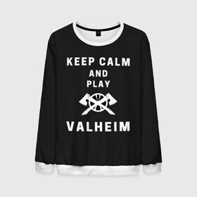 Мужской свитшот 3D с принтом Keep calm and play Valheim в Екатеринбурге, 100% полиэстер с мягким внутренним слоем | круглый вырез горловины, мягкая резинка на манжетах и поясе, свободная посадка по фигуре | Тематика изображения на принте: elder | loki | odin | the | thor | valheim | биврёст | валхейм | вальхейм | викинги | всеотец | дракар | древний | древо | ётун | йотун | локи | мира | один | тор | фенир | хель | черный лес | эйктюр