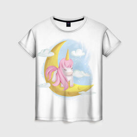 Женская футболка 3D с принтом Единорог в Екатеринбурге, 100% полиэфир ( синтетическое хлопкоподобное полотно) | прямой крой, круглый вырез горловины, длина до линии бедер | девочке | деь | единорогпоки | конь | лошадь | луна | месяц | мультик | мультфильм | небо | ночь | облако | радуга | ребенку | счастье