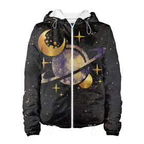 Женская куртка 3D с принтом Сатурн, луна, спутник и звезды в Екатеринбурге, ткань верха — 100% полиэстер, подклад — флис | прямой крой, подол и капюшон оформлены резинкой с фиксаторами, два кармана без застежек по бокам, один большой потайной карман на груди. Карман на груди застегивается на липучку | astronaut | cosmonaut | cosmos | earth | galaxy | moon | nasa | planet | saturn | space | star | universe | астрология | астронавт | вселенная | галактика | звезда | земля | компенсаторика | космонавт | космос | луна | марс | наса | нло | планета