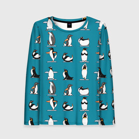 Женский лонгслив 3D с принтом Пингвина на заярдке в Екатеринбурге, 100% полиэстер | длинные рукава, круглый вырез горловины, полуприлегающий силуэт | голубая | день валентина | день святого | день святого валентина | зарядка | качки | пингвин | пингвины | прикольная | птица | птицы | физкультура | физра