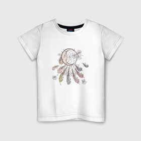Детская футболка хлопок с принтом Лунный ловец в Екатеринбурге, 100% хлопок | круглый вырез горловины, полуприлегающий силуэт, длина до линии бедер | Тематика изображения на принте: защита | ловец снов | луна | магия | месяц | перья | сны