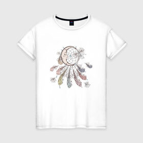 Женская футболка хлопок с принтом Лунный ловец в Екатеринбурге, 100% хлопок | прямой крой, круглый вырез горловины, длина до линии бедер, слегка спущенное плечо | защита | ловец снов | луна | магия | месяц | перья | сны
