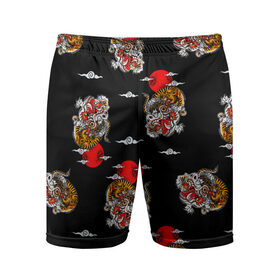 Мужские шорты спортивные с принтом Японский стиль - тигры в Екатеринбурге,  |  | арт | животные | облака | огонь | пламя | рисунок | стиль | тигр | японский