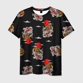 Мужская футболка 3D с принтом Японский стиль - тигры в Екатеринбурге, 100% полиэфир | прямой крой, круглый вырез горловины, длина до линии бедер | Тематика изображения на принте: арт | животные | облака | огонь | пламя | рисунок | стиль | тигр | японский