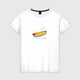 Женская футболка хлопок с принтом Я без сарказма как хот-дог в Екатеринбурге, 100% хлопок | прямой крой, круглый вырез горловины, длина до линии бедер, слегка спущенное плечо | еда | прикол | сосиска | хот дог | цитата | юмор
