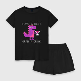 Женская пижама с шортиками хлопок с принтом динозаврик с винишком в Екатеринбурге, 100% хлопок | футболка прямого кроя, шорты свободные с широкой мягкой резинкой | английский текст | вино | динозаврик | пиксель арт | прикольный текст