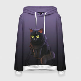 Женская толстовка 3D с принтом черный кот на фиолетовом в Екатеринбурге, 100% полиэстер  | двухслойный капюшон со шнурком для регулировки, мягкие манжеты на рукавах и по низу толстовки, спереди карман-кенгуру с мягким внутренним слоем. | cat | kitten | большие глаза | глазища | градиент | дьявол | кот | котейка | котик | кошка | мрачный | мяу | персонаж | рисунок | фиолетовый | черный | шерсть