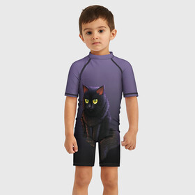 Детский купальный костюм 3D с принтом черный кот на фиолетовом в Екатеринбурге, Полиэстер 85%, Спандекс 15% | застежка на молнии на спине | cat | kitten | большие глаза | глазища | градиент | дьявол | кот | котейка | котик | кошка | мрачный | мяу | персонаж | рисунок | фиолетовый | черный | шерсть