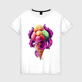Женская футболка хлопок с принтом Монстро мороженное в Екатеринбурге, 100% хлопок | прямой крой, круглый вырез горловины, длина до линии бедер, слегка спущенное плечо | sweets | вкусняшка | монстры | мороженное | щупальца