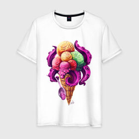 Мужская футболка хлопок с принтом Монстро мороженное в Екатеринбурге, 100% хлопок | прямой крой, круглый вырез горловины, длина до линии бедер, слегка спущенное плечо. | sweets | вкусняшка | монстры | мороженное | щупальца
