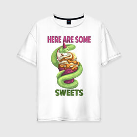 Женская футболка хлопок Oversize с принтом Змеиные ссссладости в Екатеринбурге, 100% хлопок | свободный крой, круглый ворот, спущенный рукав, длина до линии бедер
 | snake | sweet | sweets | десерты | змея | сладкое