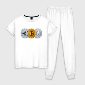 Женская пижама хлопок с принтом БИТКОИН ЭФИРИУМ РИПЛ в Екатеринбурге, 100% хлопок | брюки и футболка прямого кроя, без карманов, на брюках мягкая резинка на поясе и по низу штанин | bitcoin | blockchain | btc | cardano | crypto | ethereum | polkadot | tether | xrp | бинанс | биткоин | блокчейн | валюта | деньги | криптовалюта | майнер | майнинг | цифровая валюта | цифровое золото | эфир