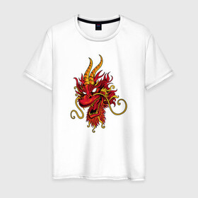 Мужская футболка хлопок с принтом Китайский дракон в Екатеринбурге, 100% хлопок | прямой крой, круглый вырез горловины, длина до линии бедер, слегка спущенное плечо. | dragon | дракон | китай | китайский дракон | красная дракон | огонь | рога