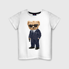 Детская футболка хлопок с принтом Мишка шпион в Екатеринбурге, 100% хлопок | круглый вырез горловины, полуприлегающий силуэт, длина до линии бедер | агент | костюм | крутой | мишка | очки | пистолет | плюшевый | смокинг | шпион