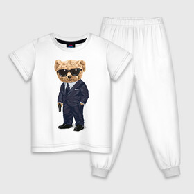 Детская пижама хлопок с принтом Мишка шпион в Екатеринбурге, 100% хлопок |  брюки и футболка прямого кроя, без карманов, на брюках мягкая резинка на поясе и по низу штанин
 | агент | костюм | крутой | мишка | очки | пистолет | плюшевый | смокинг | шпион