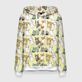 Женская толстовка 3D с принтом мультяшные котики на желтом мя в Екатеринбурге, 100% полиэстер  | двухслойный капюшон со шнурком для регулировки, мягкие манжеты на рукавах и по низу толстовки, спереди карман-кенгуру с мягким внутренним слоем. | ветеринар | градиент | домашний питомец | котейки | котики | коты | котэ | котята | кошатник | кошатница | кошачьи | кошки | любитель животных | много | мультяшные | мяу | нэко | рисованный | узор