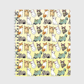 Тетрадь с принтом мультяшные котики на желтом мя в Екатеринбурге, 100% бумага | 48 листов, плотность листов — 60 г/м2, плотность картонной обложки — 250 г/м2. Листы скреплены сбоку удобной пружинной спиралью. Уголки страниц и обложки скругленные. Цвет линий — светло-серый
 | Тематика изображения на принте: ветеринар | градиент | домашний питомец | котейки | котики | коты | котэ | котята | кошатник | кошатница | кошачьи | кошки | любитель животных | много | мультяшные | мяу | нэко | рисованный | узор