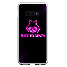 Чехол для Samsung S10E с принтом FUCK TO DEATH в Екатеринбурге, Силикон | Область печати: задняя сторона чехла, без боковых панелей | cyberpunk 2077 | hacker | maelstrom | militech | quadra | samurai | sci fi | technology | trauma team | v | будущее | игра | иероглифы | киану ривз | кибер | киберпанк | киборг | киборги | корпорация | лого | милитек | панк | роботы | самур