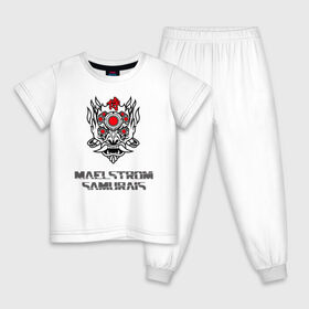 Детская пижама хлопок с принтом MAELSTROM SAMURAI в Екатеринбурге, 100% хлопок |  брюки и футболка прямого кроя, без карманов, на брюках мягкая резинка на поясе и по низу штанин
 | cyberpunk 2077 | hacker | maelstrom | militech | quadra | samurai | sci fi | technology | trauma team | v | будущее | игра | иероглифы | киану ривз | кибер | киберпанк | киборг | киборги | корпорация | лого | милитек | панк | роботы | самурай | т