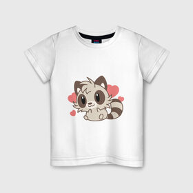 Детская футболка хлопок с принтом влюбленный енотик в Екатеринбурге, 100% хлопок | круглый вырез горловины, полуприлегающий силуэт, длина до линии бедер | Тематика изображения на принте: влюбленный | енот | енотик | животные | зверушка | картинка | любовь | мило | рисунок | сердечки