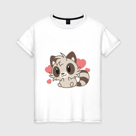 Женская футболка хлопок с принтом влюбленный енотик в Екатеринбурге, 100% хлопок | прямой крой, круглый вырез горловины, длина до линии бедер, слегка спущенное плечо | влюбленный | енот | енотик | животные | зверушка | картинка | любовь | мило | рисунок | сердечки
