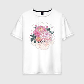 Женская футболка хлопок Oversize с принтом Пионы в Екатеринбурге, 100% хлопок | свободный крой, круглый ворот, спущенный рукав, длина до линии бедер
 | flo | flowers | растения | флористика | цветение | цветы