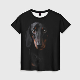 Женская футболка 3D с принтом ТАКСА в Екатеринбурге, 100% полиэфир ( синтетическое хлопкоподобное полотно) | прямой крой, круглый вырез горловины, длина до линии бедер | animal | black | dog | photo | глаза | домашние | животные | звери | пес | собакен | собаки | такса | черный