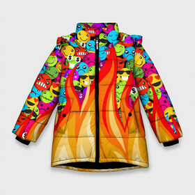 Зимняя куртка для девочек 3D с принтом SLAVA MARLOW - Смайлики в Екатеринбурге, ткань верха — 100% полиэстер; подклад — 100% полиэстер, утеплитель — 100% полиэстер. | длина ниже бедра, удлиненная спинка, воротник стойка и отстегивающийся капюшон. Есть боковые карманы с листочкой на кнопках, утяжки по низу изделия и внутренний карман на молнии. 

Предусмотрены светоотражающий принт на спинке, радужный светоотражающий элемент на пуллере молнии и на резинке для утяжки. | clip | emoji | emojji | feat | fire | flame | manny | music | tik tok | video | готлиб | клип | ля ля ля | марлов | марлоу | музыка | мэнни | реп | рэп | слава | тик ток | ты горишь как огонь | ты мне очень нравишься | у меня агония | 