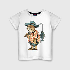 Детская футболка хлопок с принтом Котан рыбак в Екатеринбурге, 100% хлопок | круглый вырез горловины, полуприлегающий силуэт, длина до линии бедер | кот | лето | рубашка | рыба | удочка | хипстер | шлепанцы | шорты
