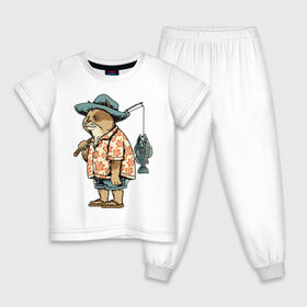 Детская пижама хлопок с принтом Котан рыбак в Екатеринбурге, 100% хлопок |  брюки и футболка прямого кроя, без карманов, на брюках мягкая резинка на поясе и по низу штанин
 | Тематика изображения на принте: кот | лето | рубашка | рыба | удочка | хипстер | шлепанцы | шорты